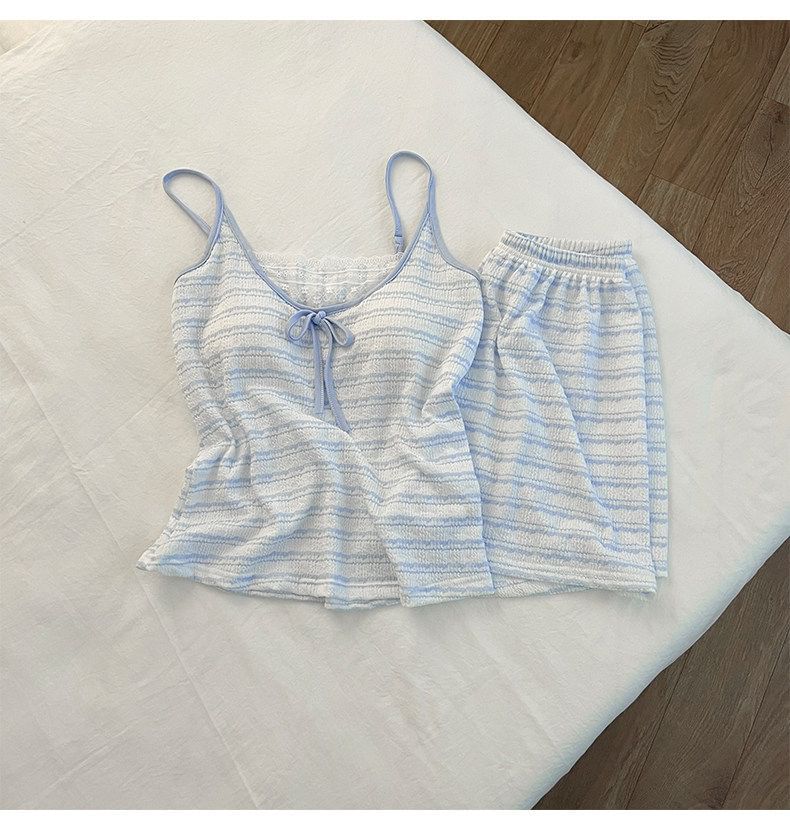 Pajama Set: Scoop Neck Striped Lace Panel Padded Camisole Top + Shorts