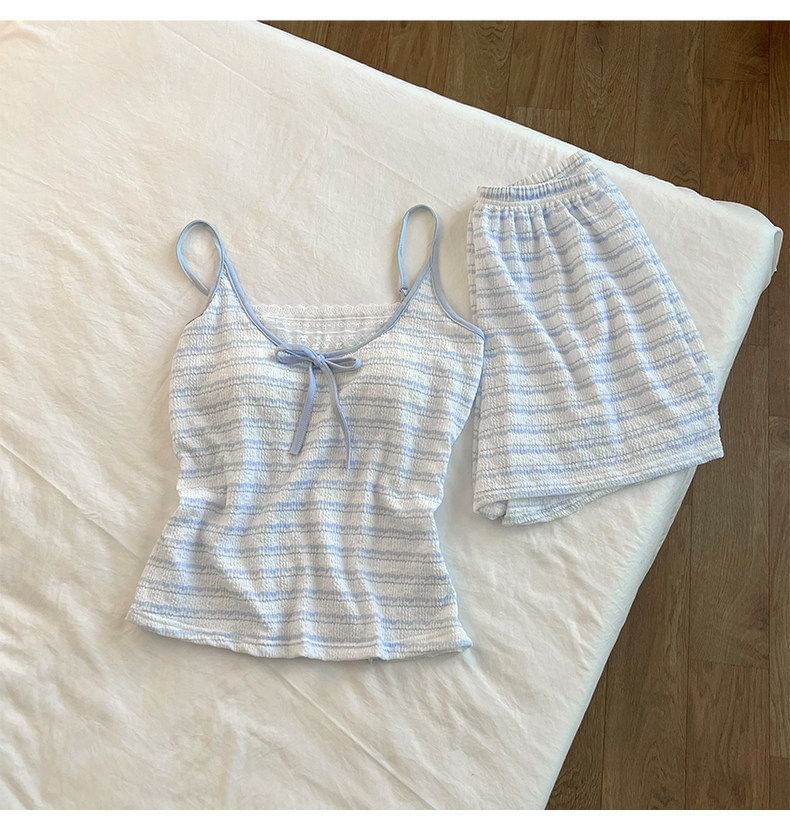 Pajama Set: Scoop Neck Striped Lace Panel Padded Camisole Top + Shorts