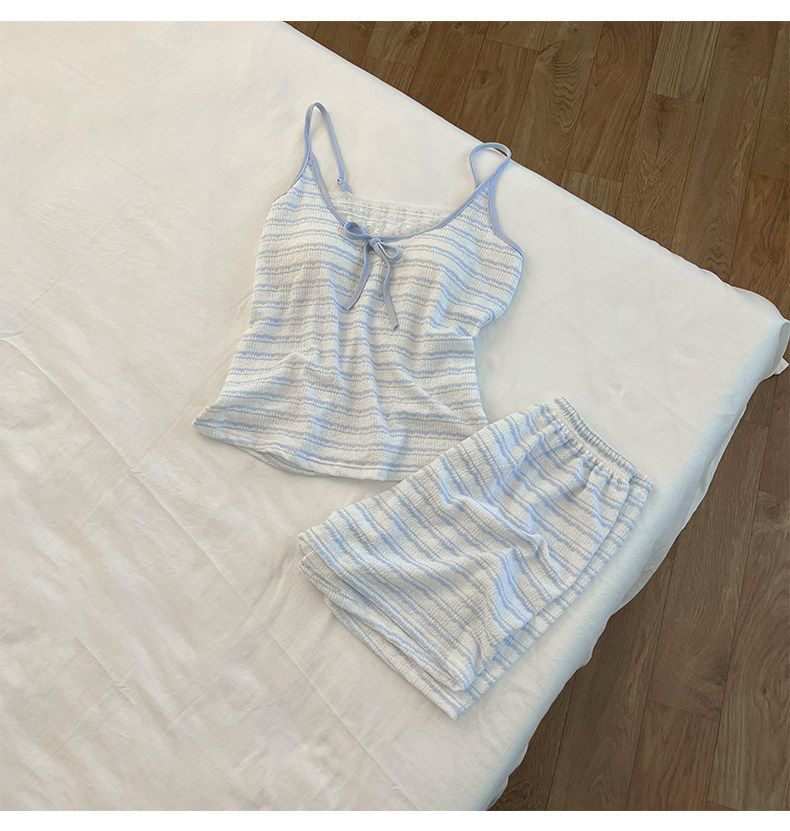 Pajama Set: Scoop Neck Striped Lace Panel Padded Camisole Top + Shorts