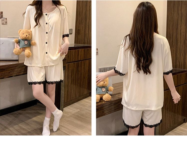 Pajama Set: Elbow-Sleeve Crew Neck Lace Trim Button-Up Jacket + V-Neck Padded Camisole Top + Shorts
