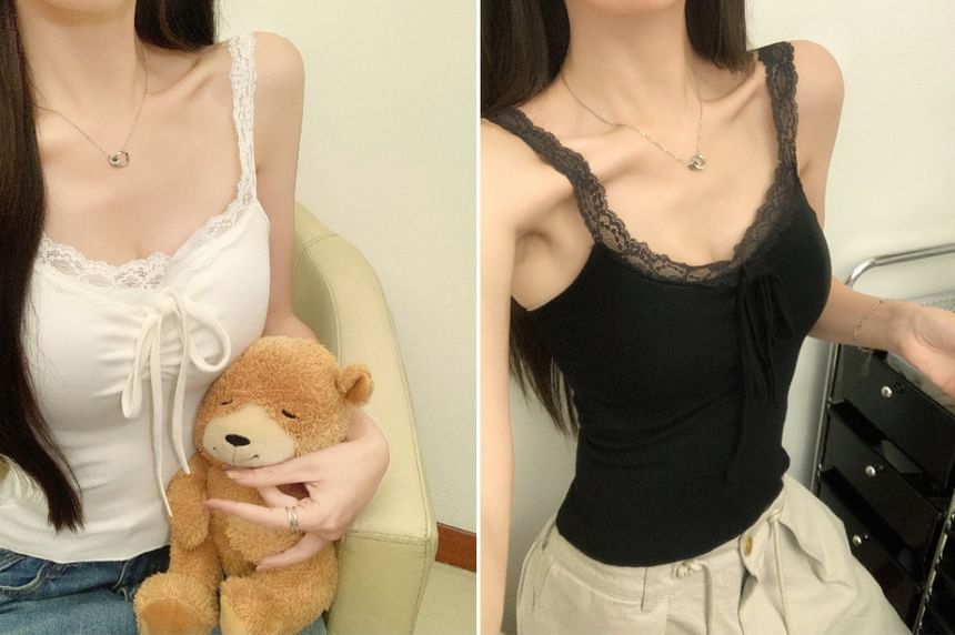 V-Neck Lace Trim Padded Crop Camisole Top / Crew Neck Button-Up Plain Cardigan