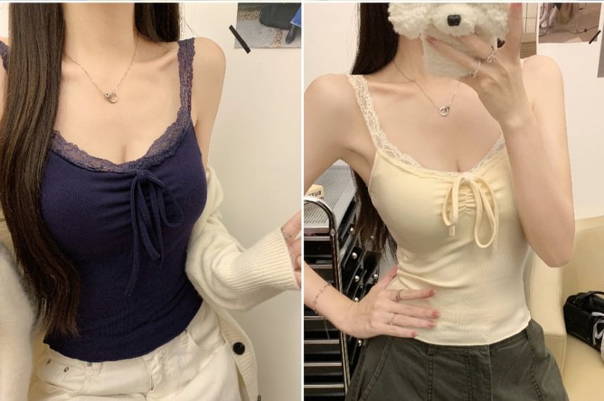 V-Neck Lace Trim Padded Crop Camisole Top / Crew Neck Button-Up Plain Cardigan
