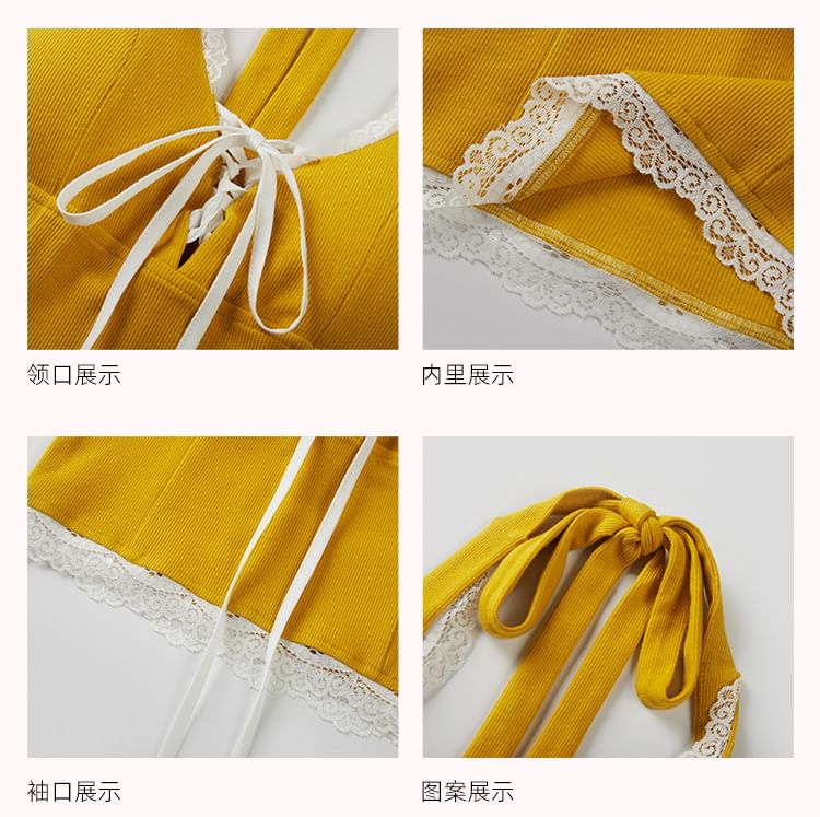 Halter V-Neck Lace Trim Padded Lace-Up Open Back Crop Top