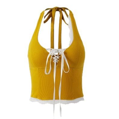 Halter V-Neck Lace Trim Padded Lace-Up Open Back Crop Top
