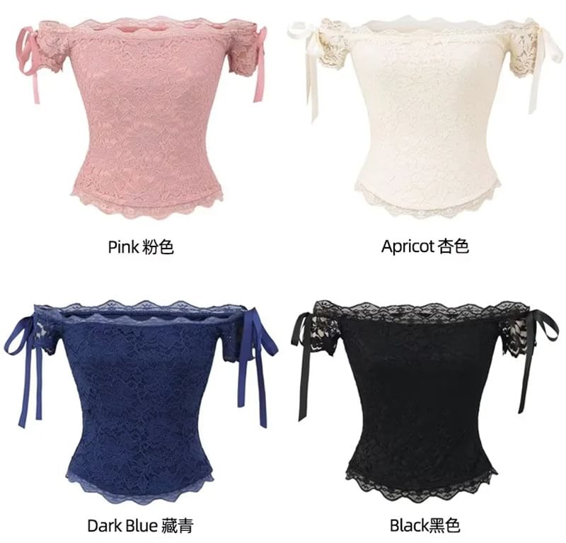 Short-Sleeve Off Shoulder Plain Lace Crop Top