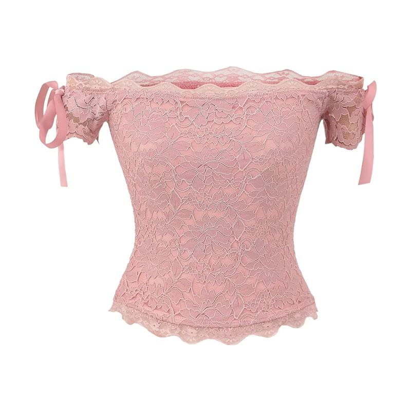 Short-Sleeve Off Shoulder Plain Lace Crop Top