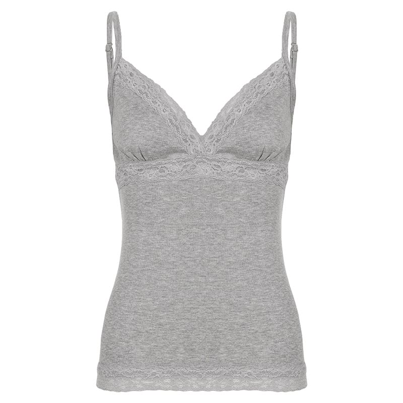 V-Neck Plain Lace-Trim Slim-Fit Crop Camisole Top