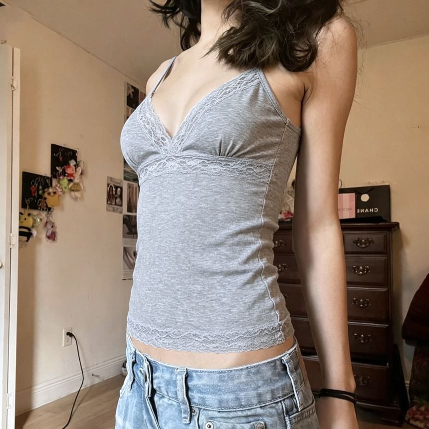 V-Neck Plain Lace-Trim Slim-Fit Crop Camisole Top