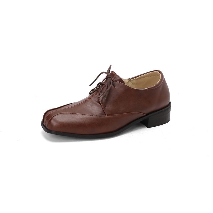 Chunky Heel Square Toe Lace-Up Faux Leather Derby Shoes