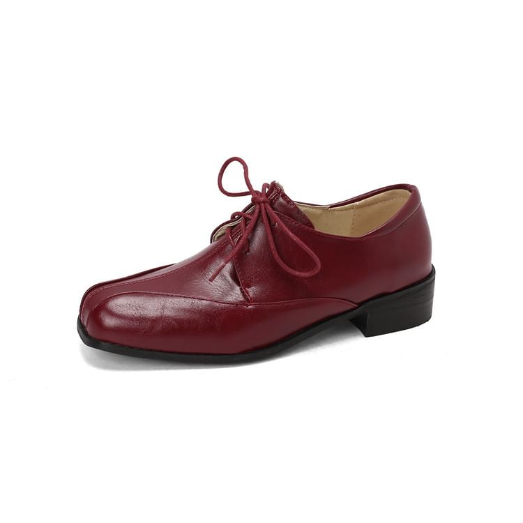 Chunky Heel Square Toe Lace-Up Faux Leather Derby Shoes
