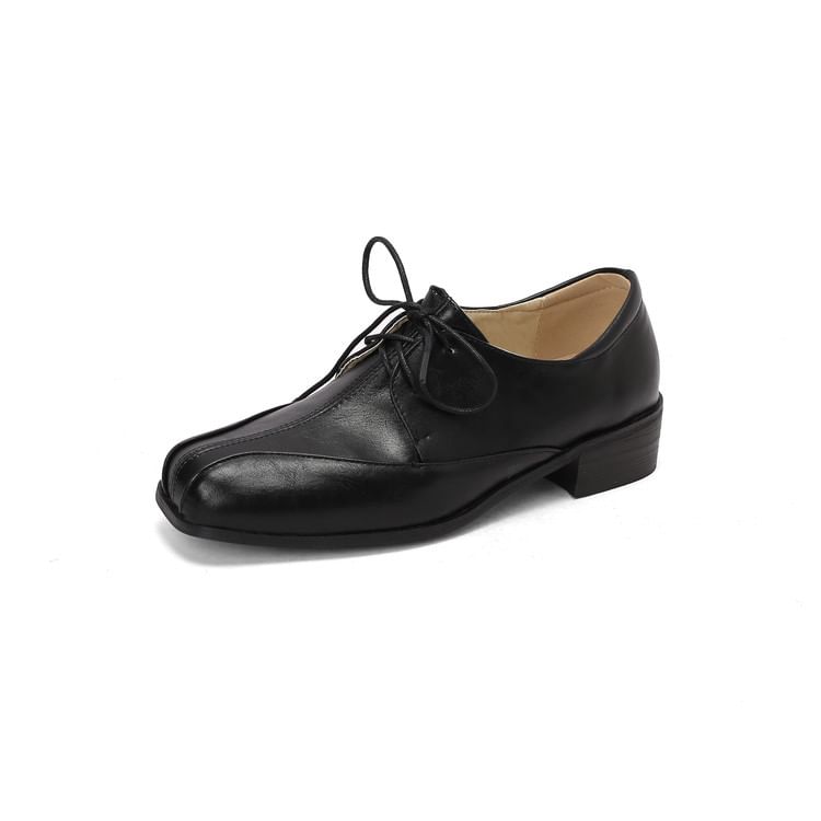 Chunky Heel Square Toe Lace-Up Faux Leather Derby Shoes