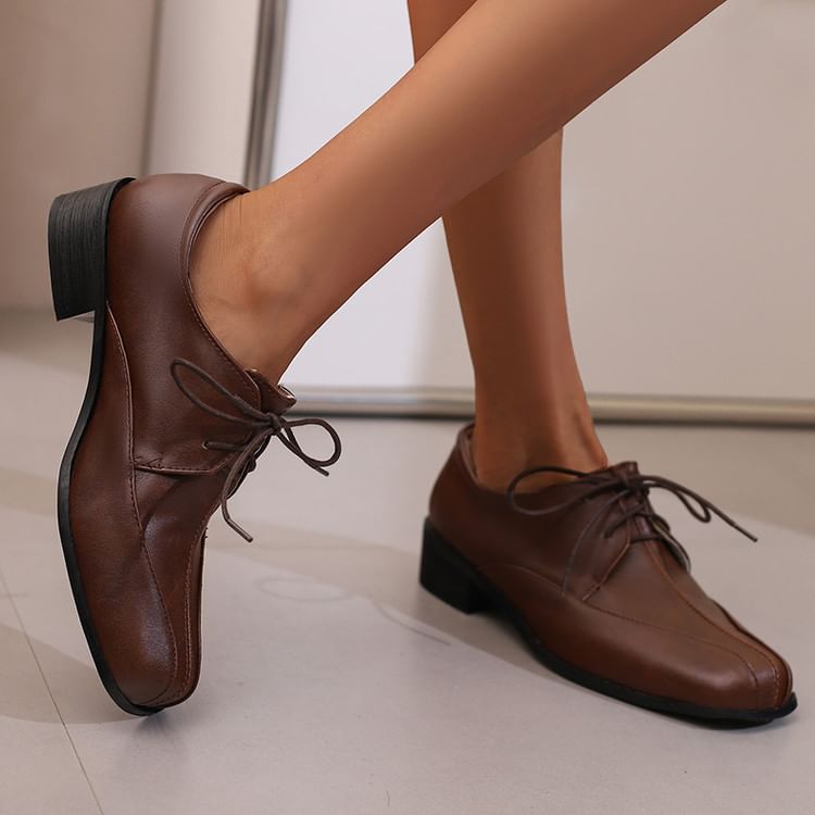 Chunky Heel Square Toe Lace-Up Faux Leather Derby Shoes