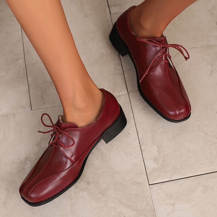 Chunky Heel Square Toe Lace-Up Faux Leather Derby Shoes