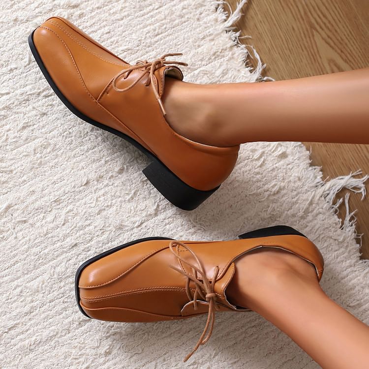 Chunky Heel Square Toe Lace-Up Faux Leather Derby Shoes
