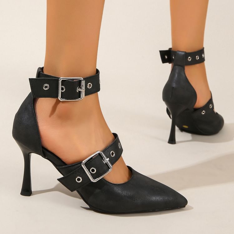 Stiletto Pointed Toe Ankle Strap Faux Leather D'Orsay Pumps