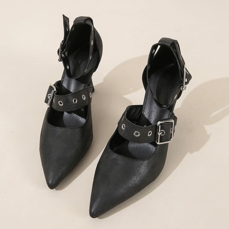 Stiletto Pointed Toe Ankle Strap Faux Leather D'Orsay Pumps