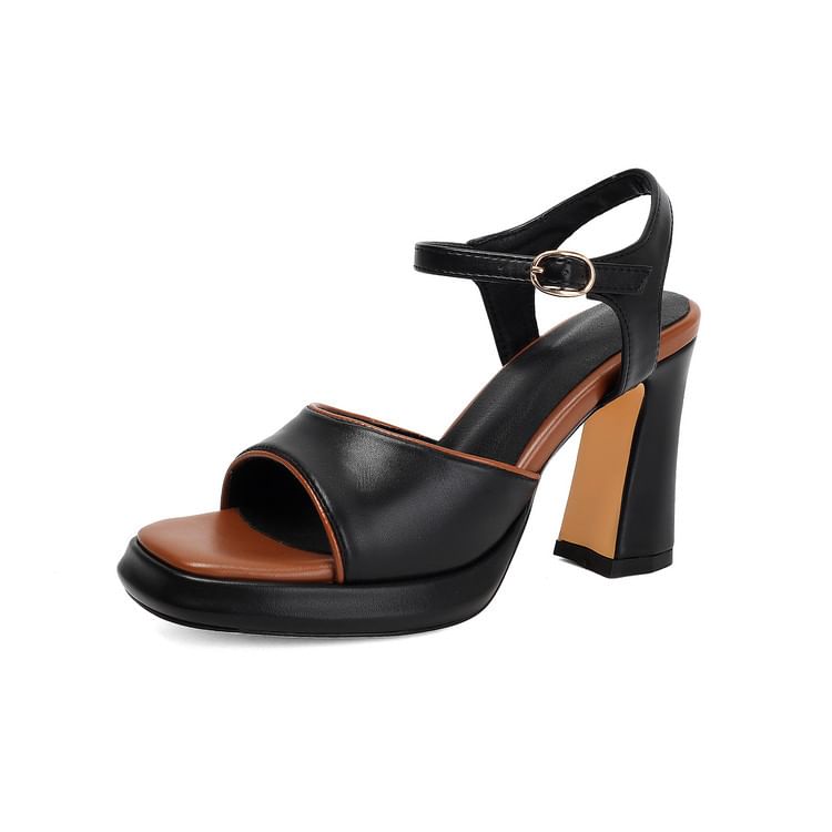 Chunky Heel Square Toe Contrast Trim Faux Leather Sandals