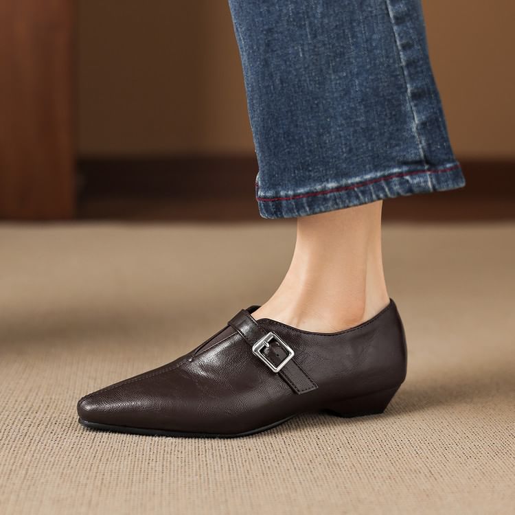 Low Heel Plain Buckled Faux Leather Shoes