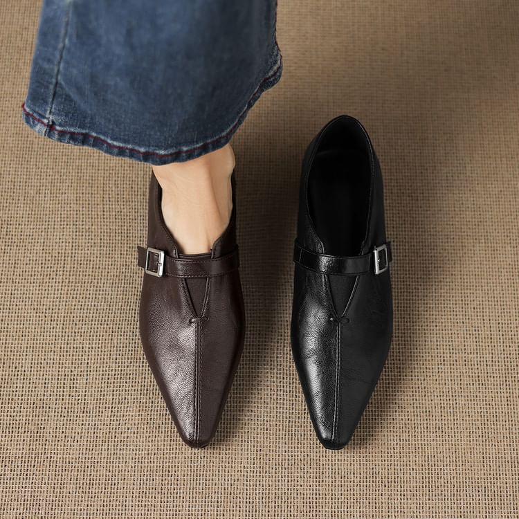 Low Heel Plain Buckled Faux Leather Shoes