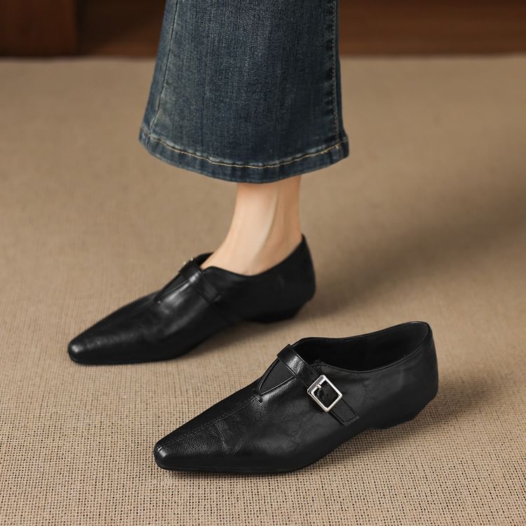 Low Heel Plain Buckled Faux Leather Shoes