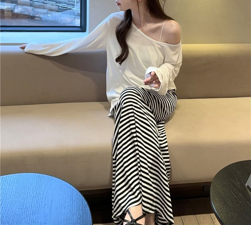 Long-Sleeve Off-Shoulder Plain Sheer T-Shirt / High Waist Striped Maxi Mermaid Skirt