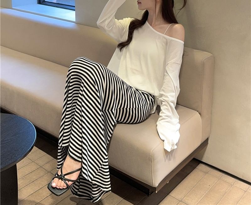 Long-Sleeve Off-Shoulder Plain Sheer T-Shirt / High Waist Striped Maxi Mermaid Skirt
