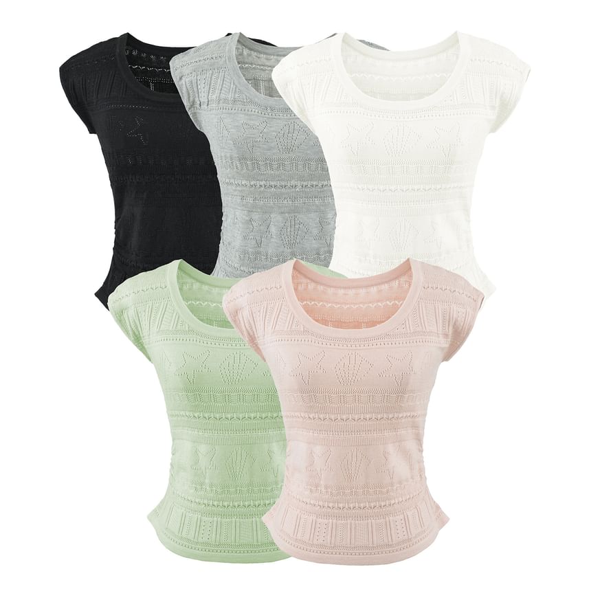 Set: Short Sleeve Plain Pointelle Slim-Fit Knit Top + High Waist Mini Tiered Skirt