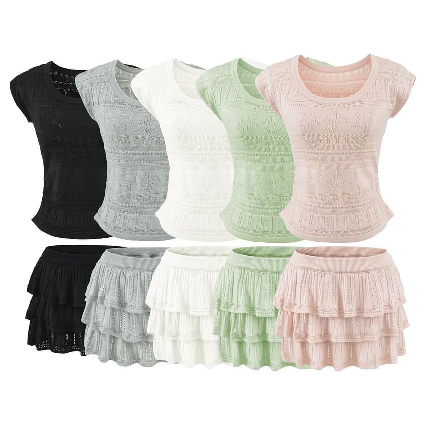 Set: Short Sleeve Plain Pointelle Slim-Fit Knit Top + High Waist Mini Tiered Skirt