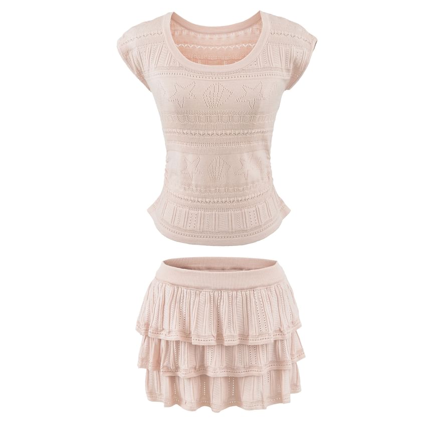 Set: Short Sleeve Plain Pointelle Slim-Fit Knit Top + High Waist Mini Tiered Skirt