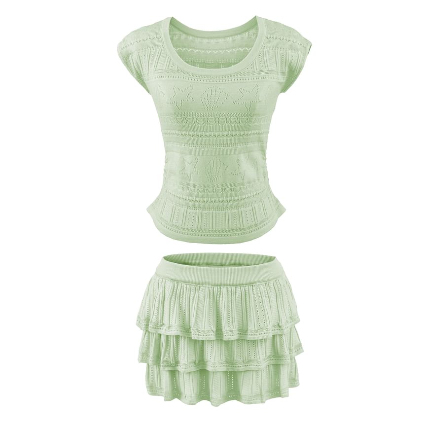 Set: Short Sleeve Plain Pointelle Slim-Fit Knit Top + High Waist Mini Tiered Skirt