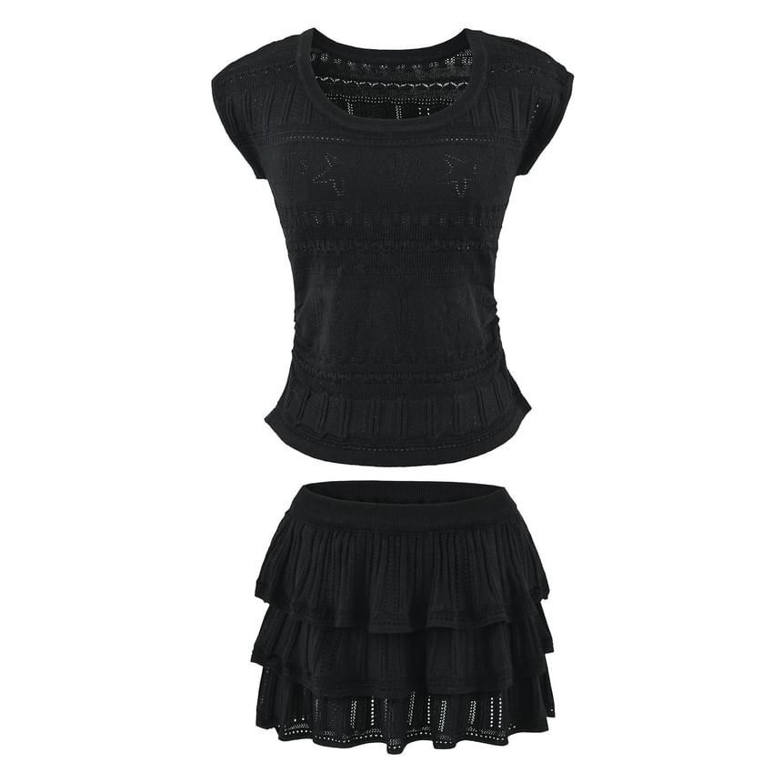 Set: Short Sleeve Plain Pointelle Slim-Fit Knit Top + High Waist Mini Tiered Skirt
