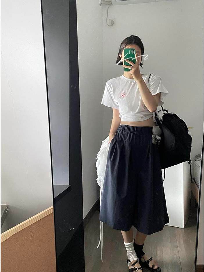 High Waist Plain Capri Wide Leg Pants / Lace Trim Mini Overlay Skirt