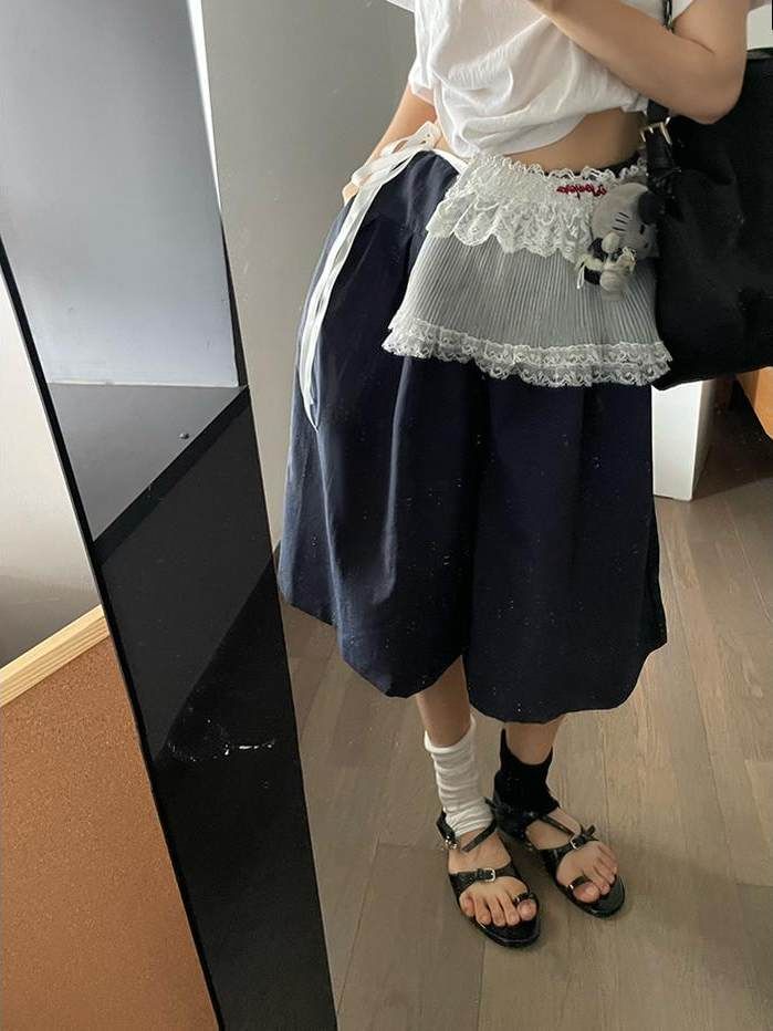 High Waist Plain Capri Wide Leg Pants / Lace Trim Mini Overlay Skirt