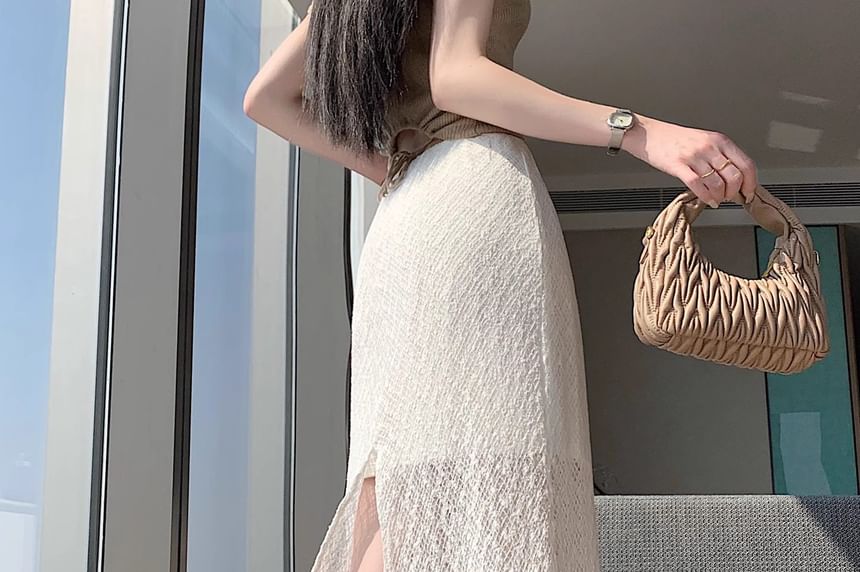 High Waist Plain Slit Lace Maxi Mermaid Skirt
