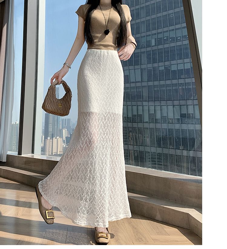 High Waist Plain Slit Lace Maxi Mermaid Skirt