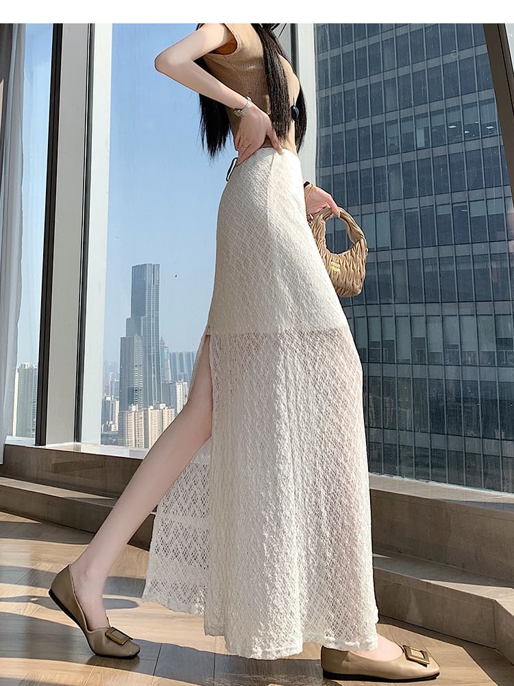 High Waist Plain Slit Lace Maxi Mermaid Skirt