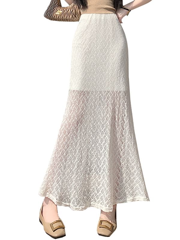 High Waist Plain Slit Lace Maxi Mermaid Skirt