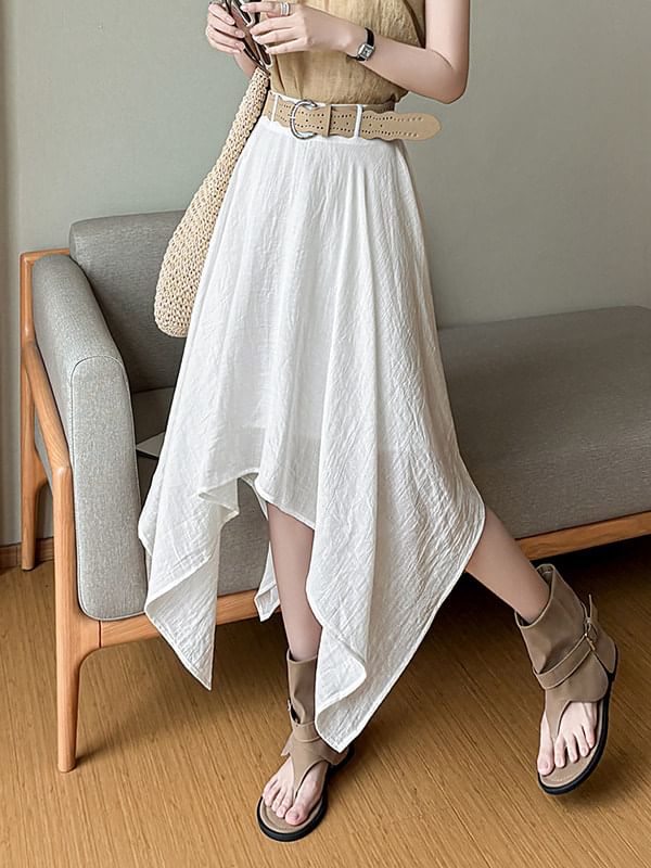 High Waist Plain Asymmetrical Midi A-Line Skirt