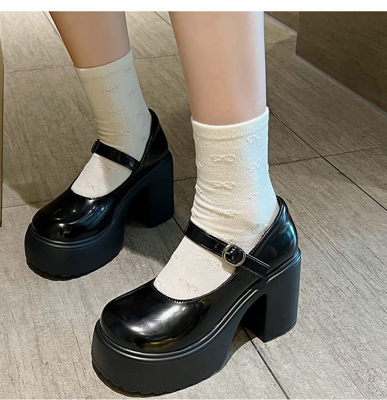Block Heel Platform Plain Mary Jane Pumps