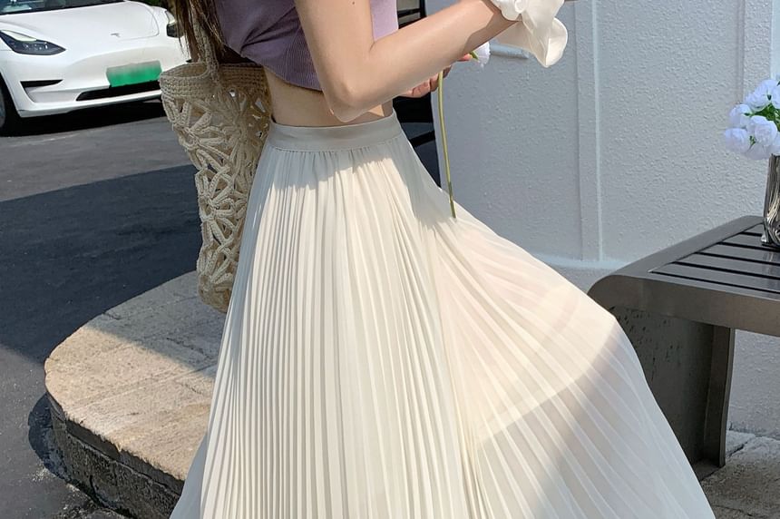 High Waist Plain Accordion Pleated Maxi A-Line Skirt
