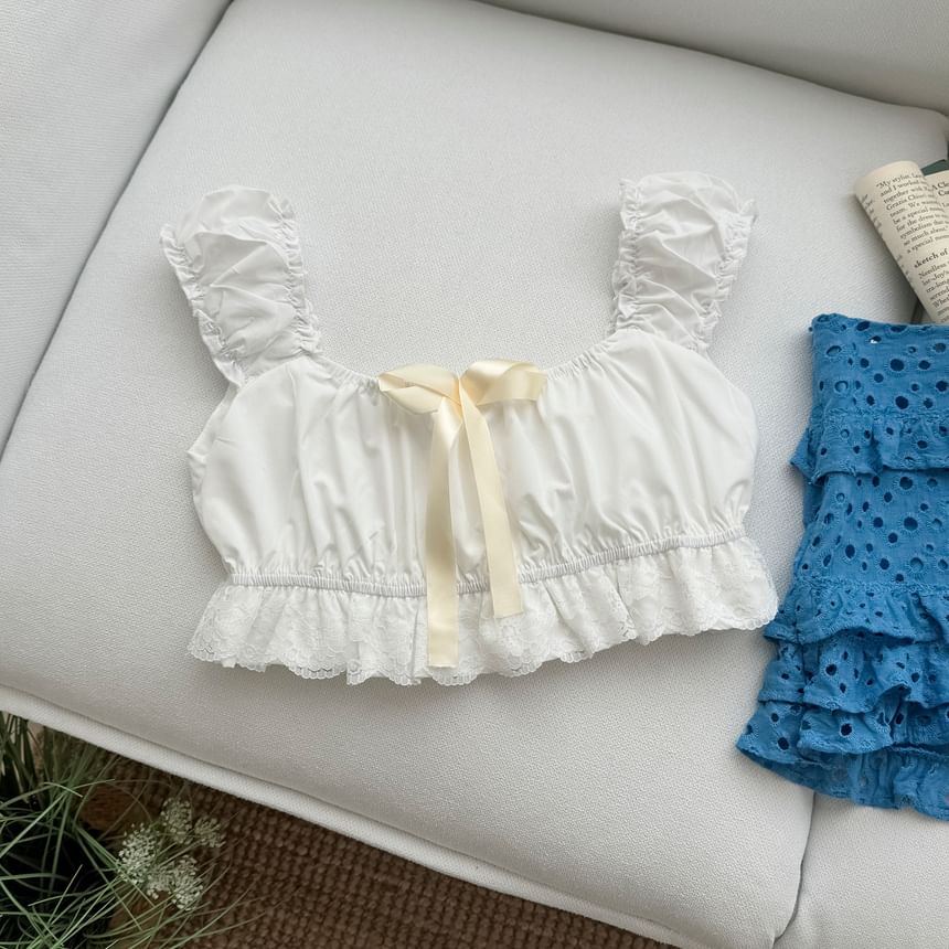 Sleeveless Square Neck Plain Ruffle Trim Crop Top / Mid Rise Ruffle Trim Mini A-Line Skirt