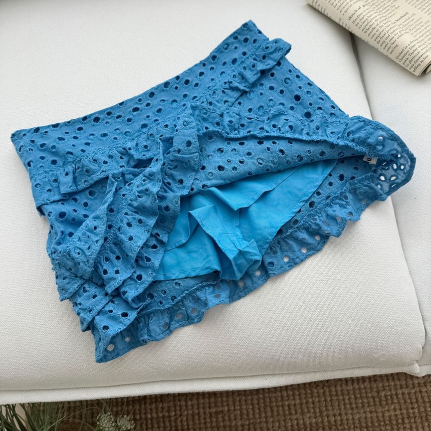 Sleeveless Square Neck Plain Ruffle Trim Crop Top / Mid Rise Ruffle Trim Mini A-Line Skirt
