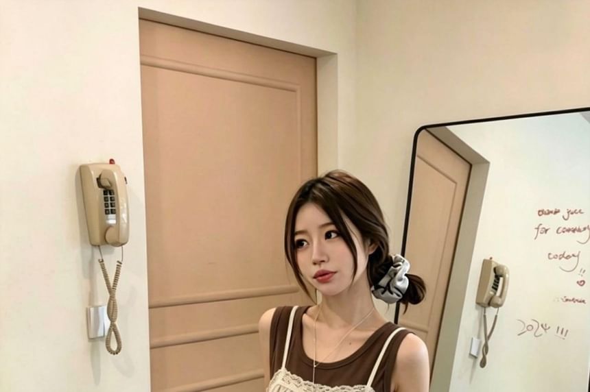Lace-Trim A-Line Camisole & Plain Tank Top Set