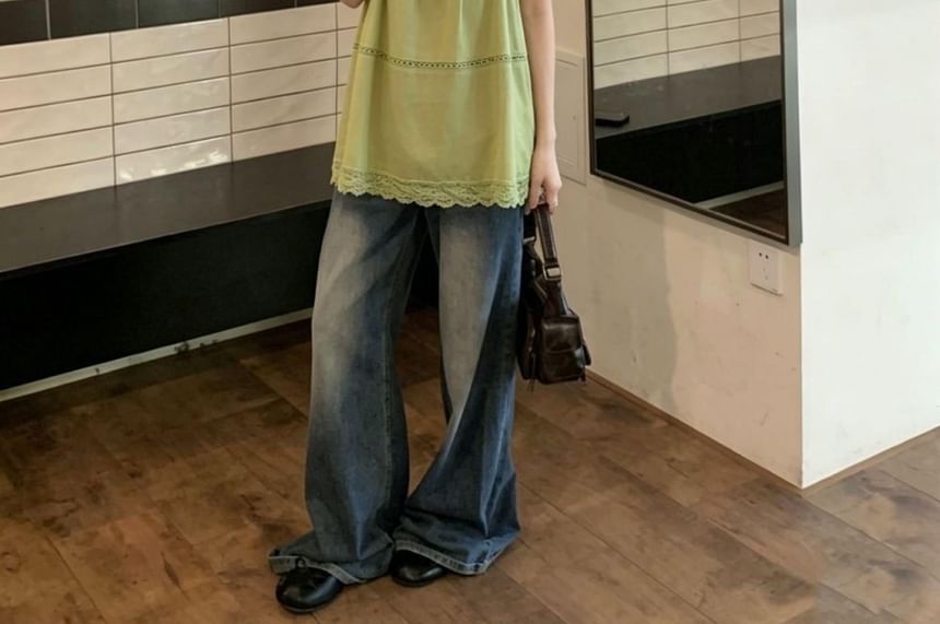 Lace-Trim A-Line Camisole & Plain Tank Top Set