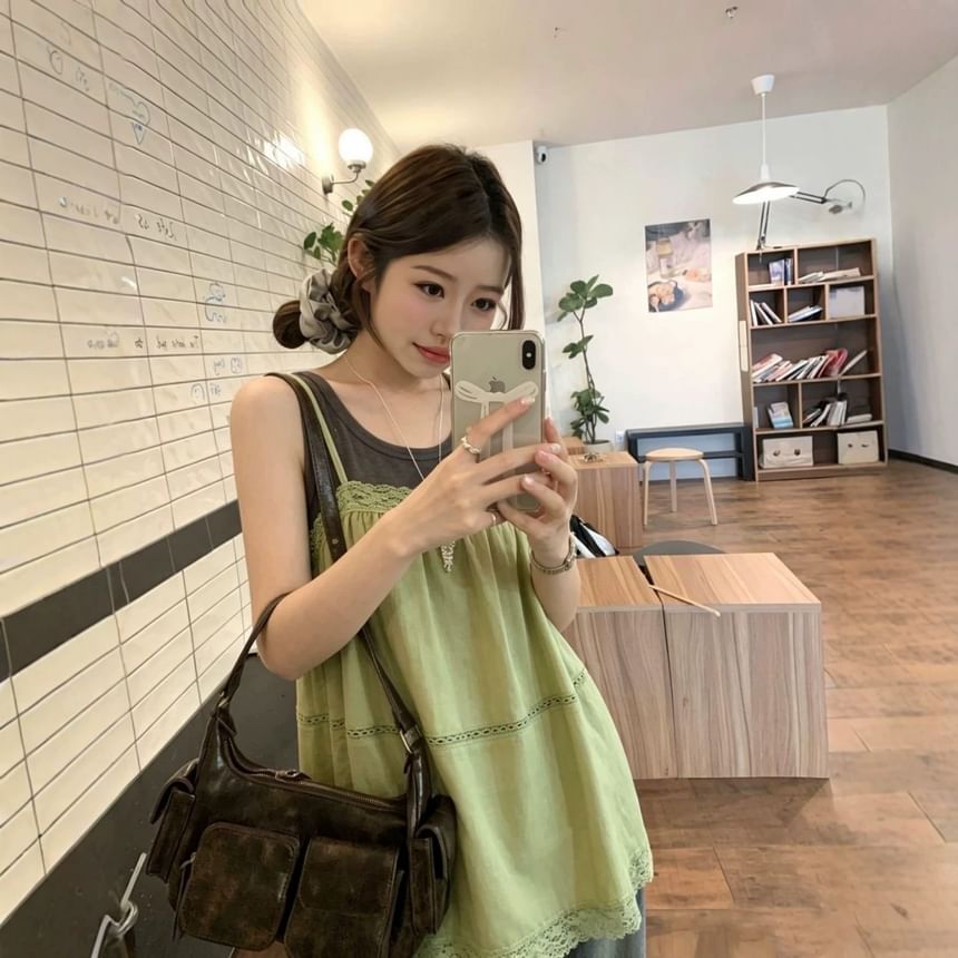 Lace-Trim A-Line Camisole & Plain Tank Top Set