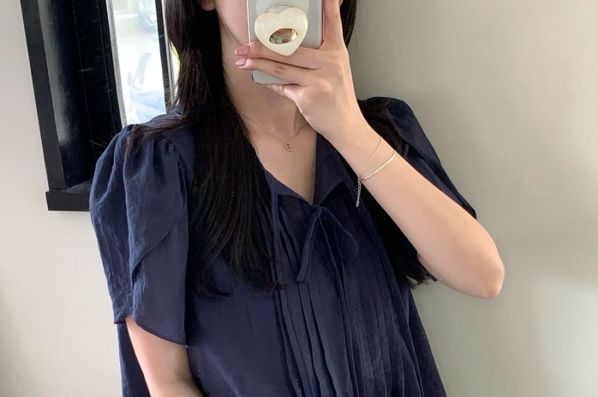 Tie-Neck Pleated Loose-Fit Short Sleeve Blouse