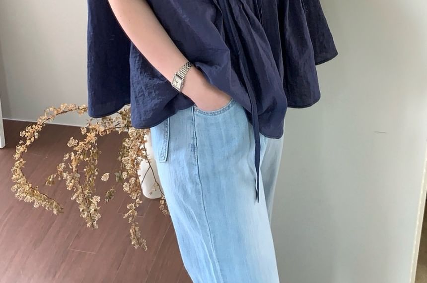 Tie-Neck Pleated Loose-Fit Short Sleeve Blouse