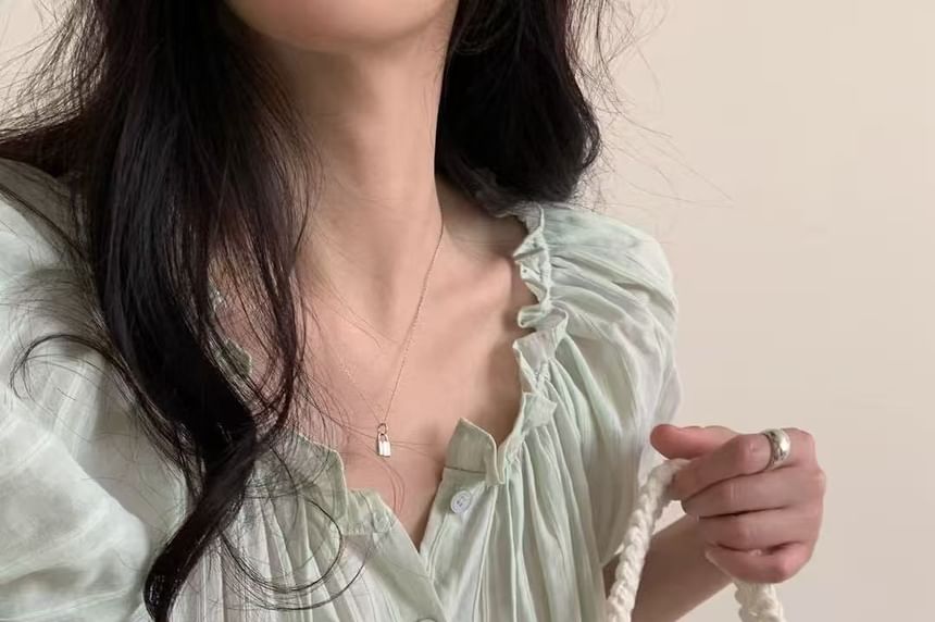 Short-Sleeve Frill Trim Button-Up Plain Blouse