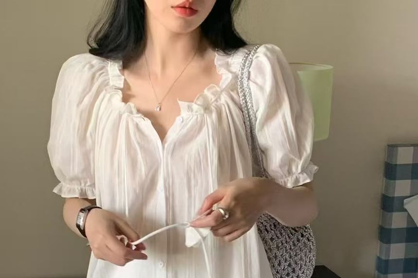Short-Sleeve Frill Trim Button-Up Plain Blouse