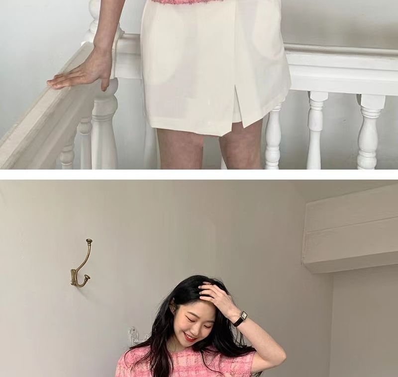 Short-Sleeve Crewneck Plaid Knit Top